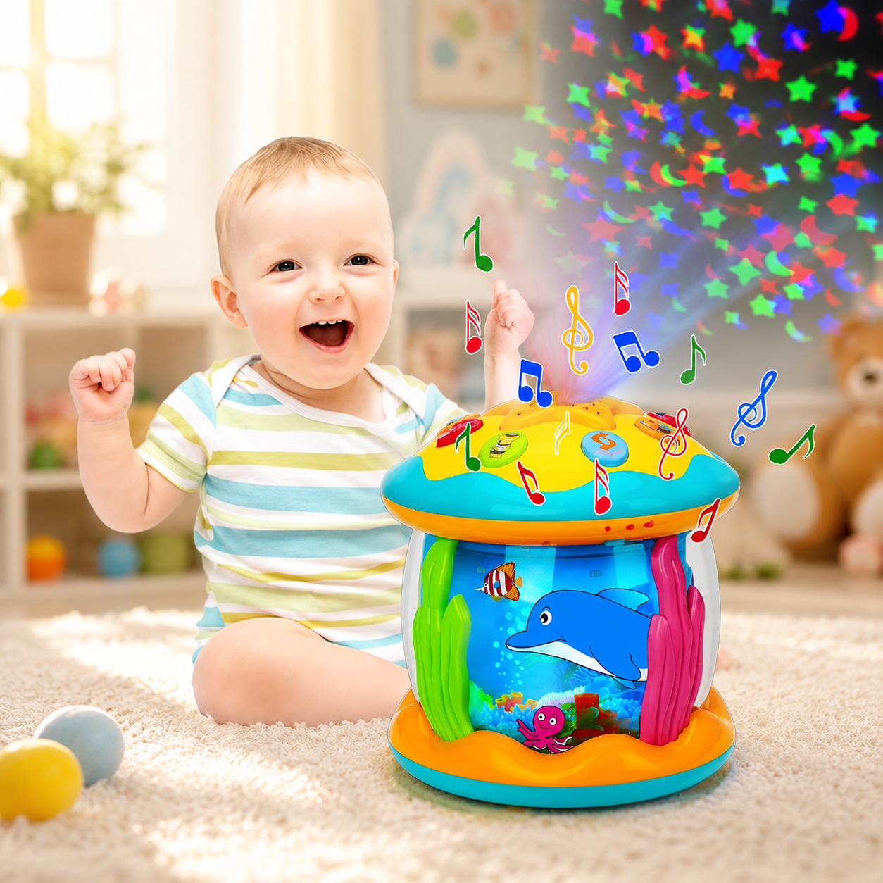 Bébé explose d'émotion avec le nuage d'étoiles colorées et sons du rouleau d'activité bébé