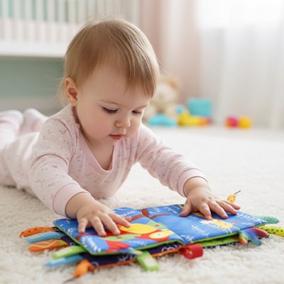 Livre bebe en tissus avec des couvertures en papier sonore
