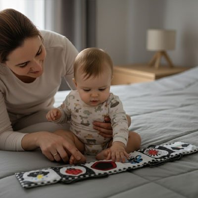 Livre noir et blanc bébé avec des matières sécuritaires 