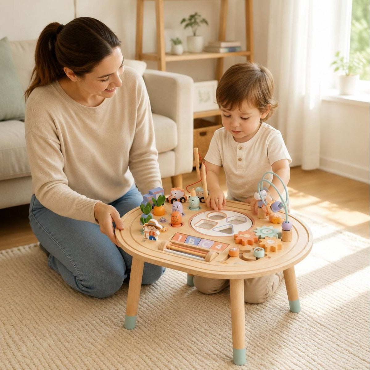 Maman l'observe naviguer entre les différentes activités du jouet bebe bois