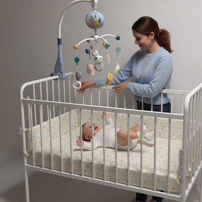maman observe son tout petit bébé interagir avec le Mobile bébé de tous ses sens 