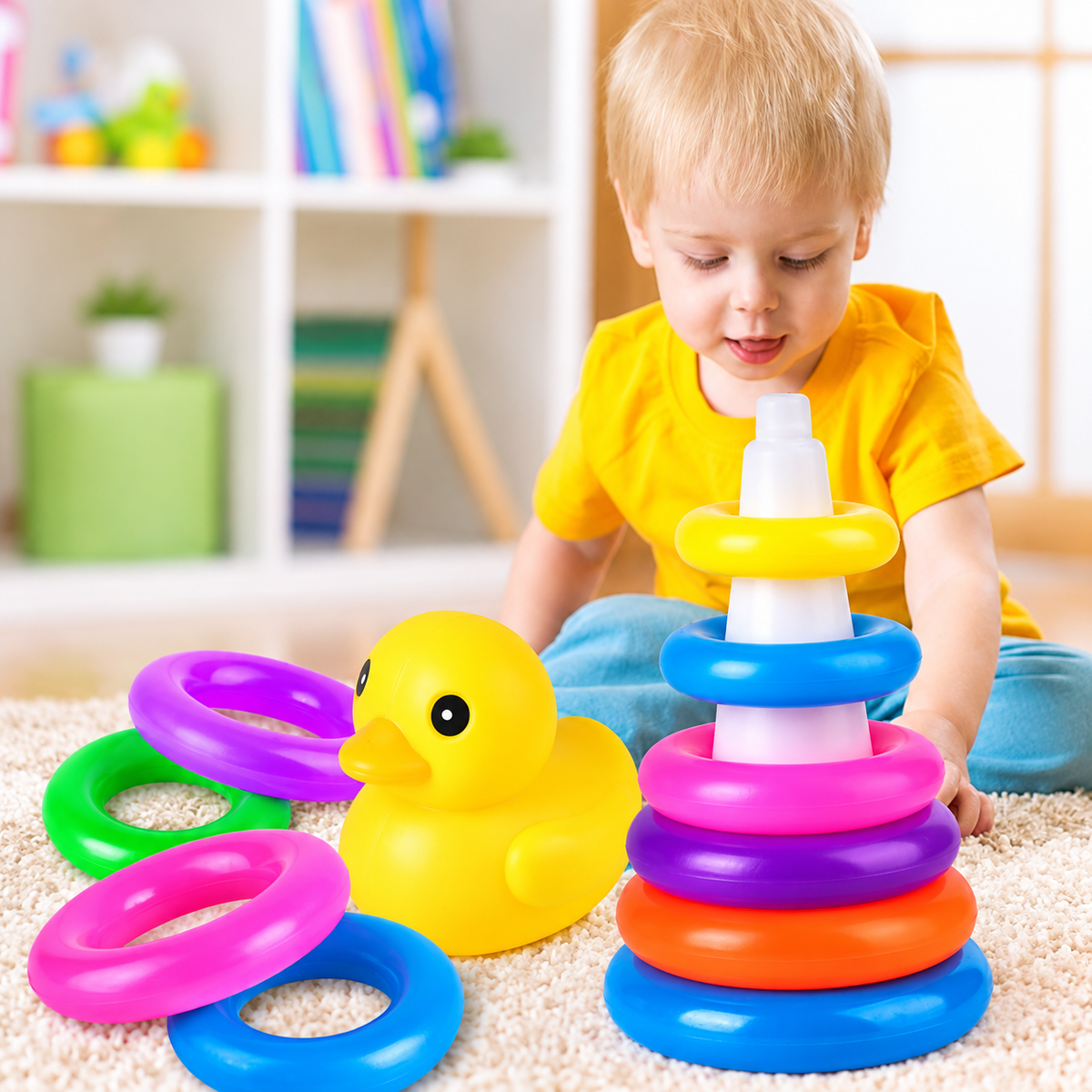 Manipulation des formes et couleurs du jouet bebe à empiler