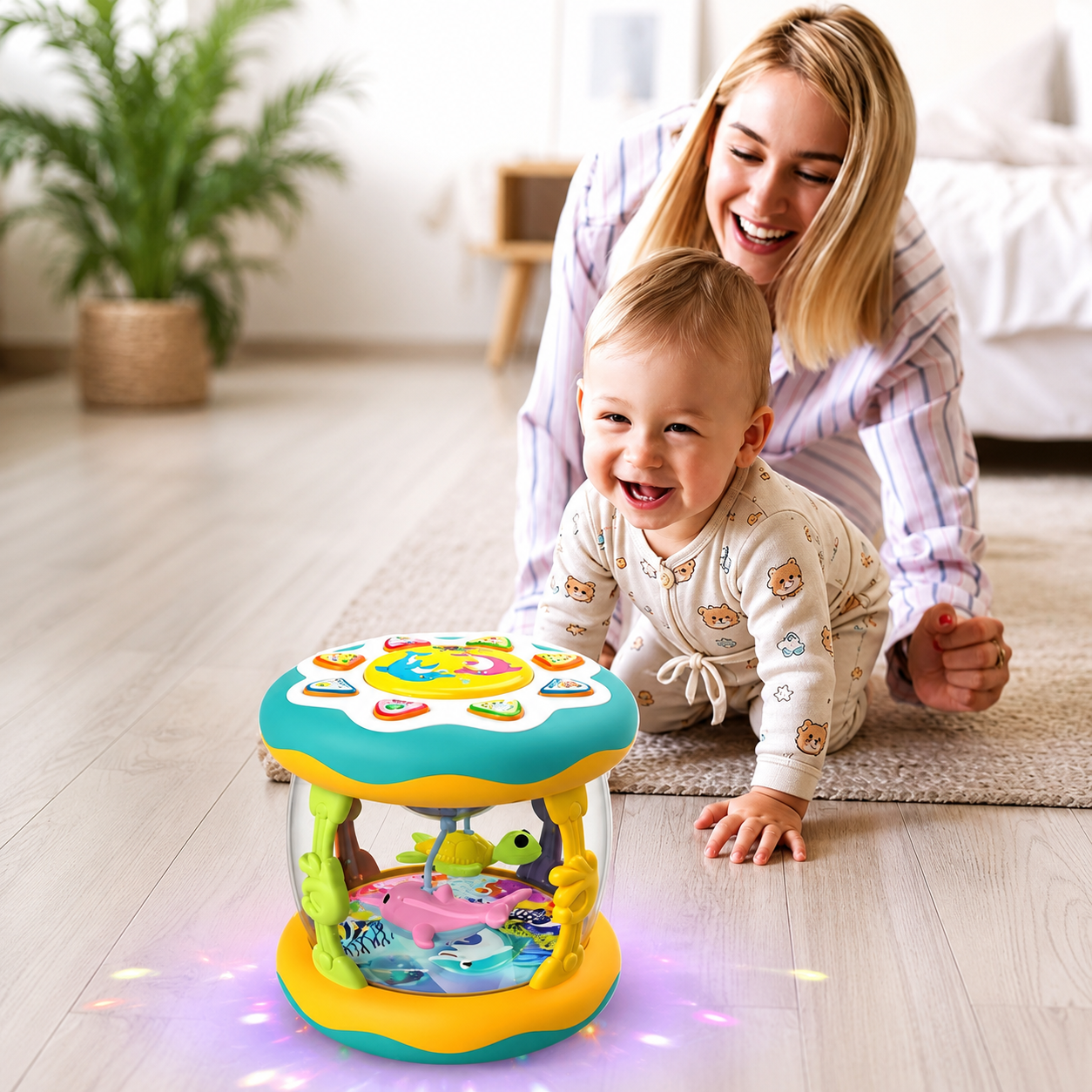 Moments de fou rire en famille avec rouleau d'activité bébé