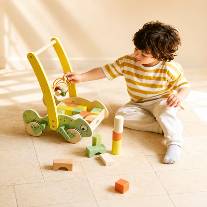 Tout petit fait glisser les perles de son chariot de marche bébé du bout des doigts 