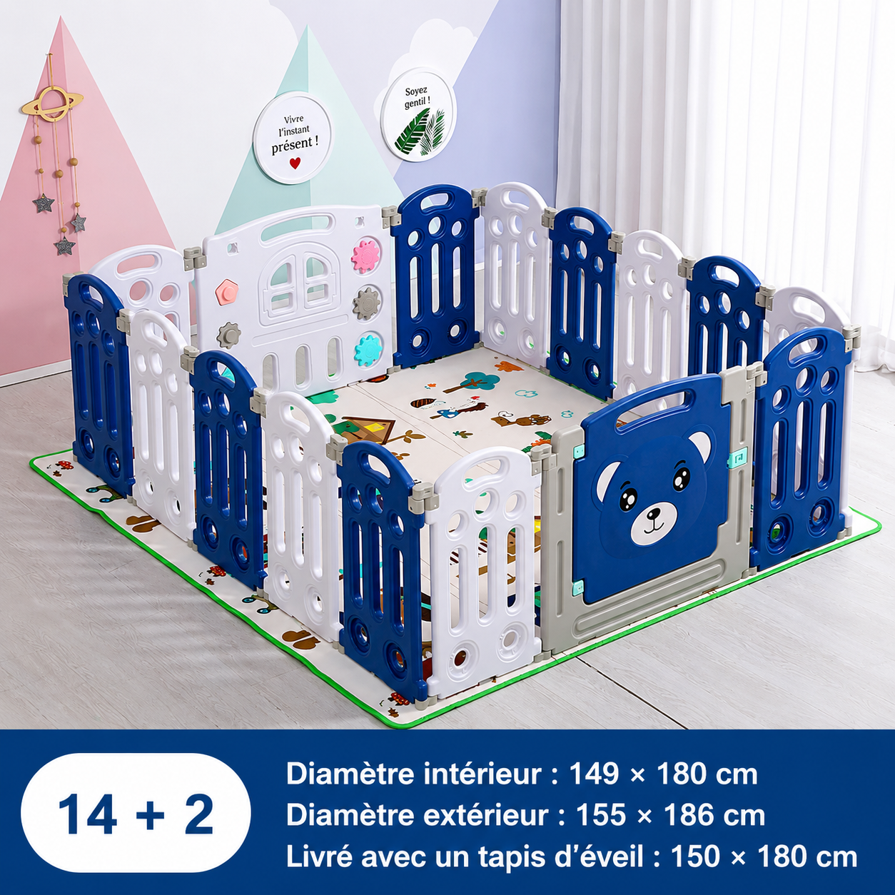 Parc bebe pliable de 14 panneaux et 2 sorties plus tapis d'éveil