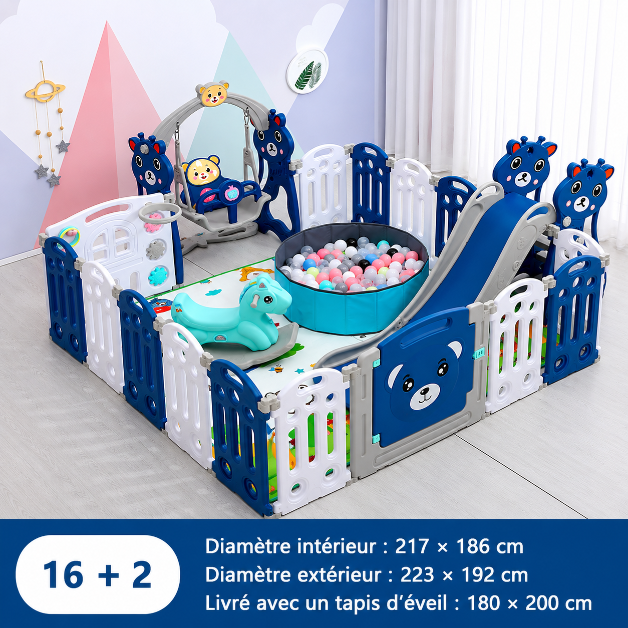 Parc bebe de 16 panneaux, 2 sorties et jouets d'éveil