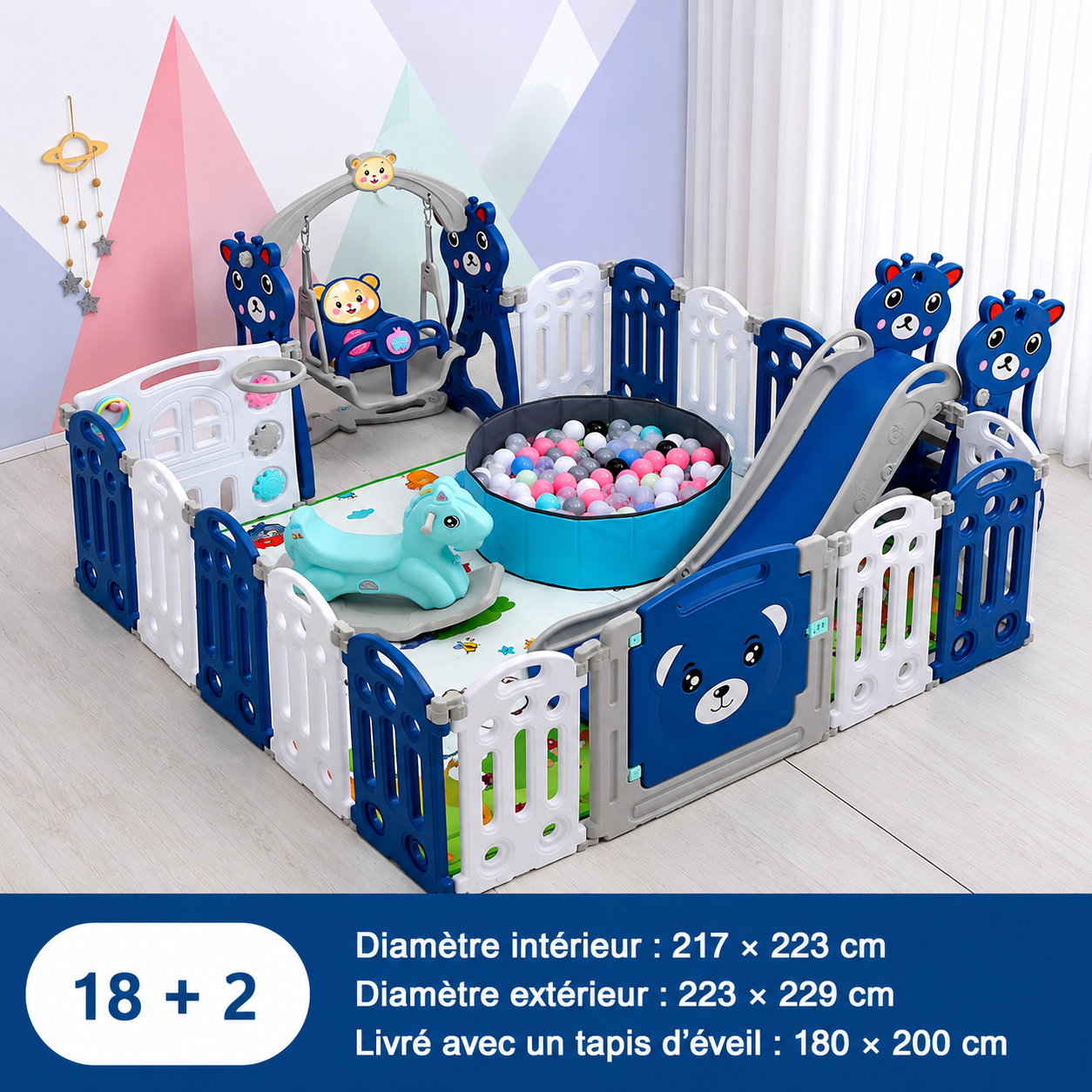 Parc bebe de 18 panneaux, 2 sorties et jouets d'éveil