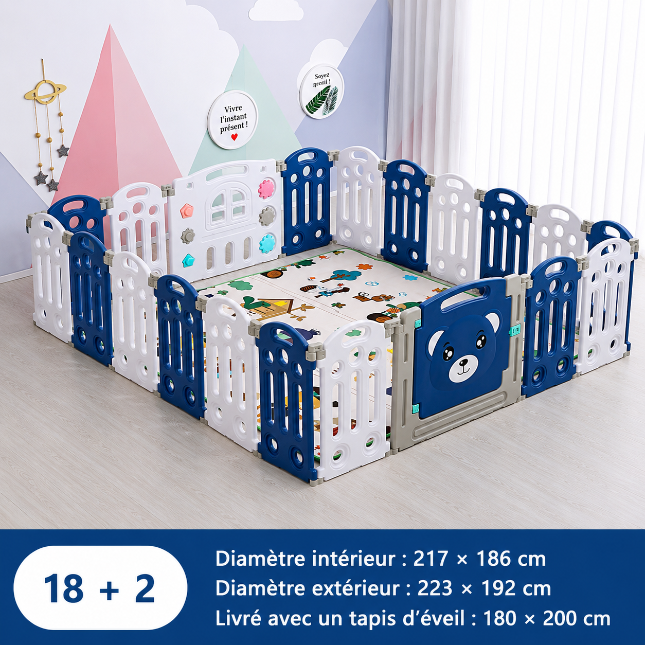 Parc bebe pliable de 18 panneaux et 2 sorties plus tapis d'éveil