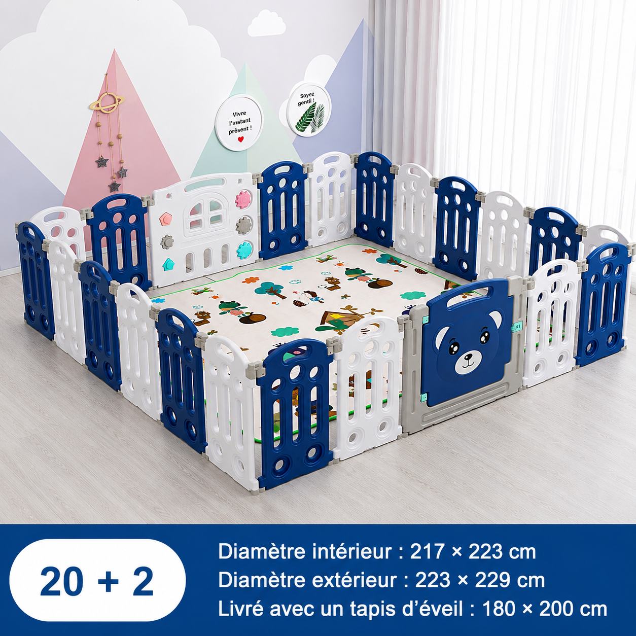 Parc bebe pliable de 20 panneaux et 2 sorties plus tapis d'éveil