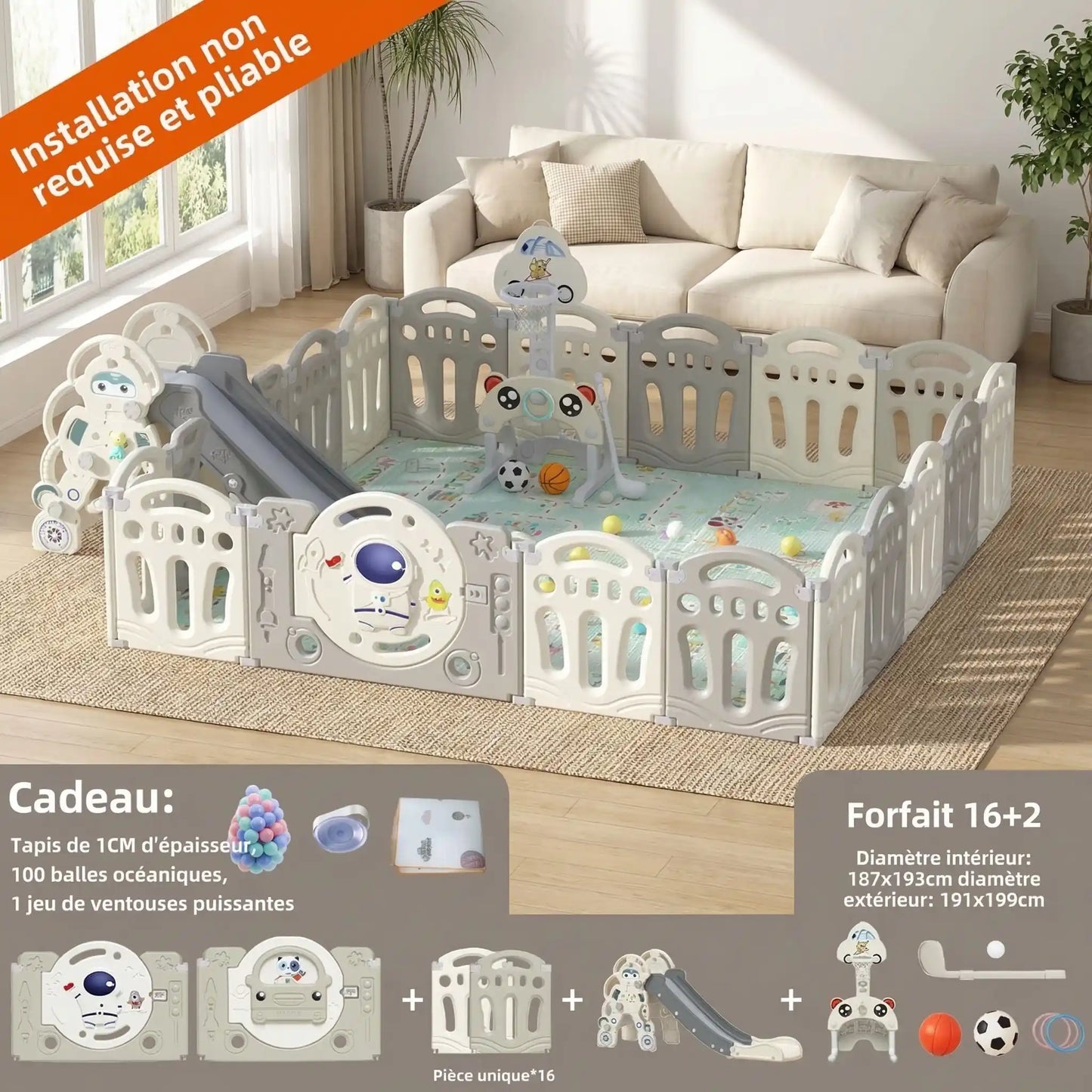 Parc pliable bebe 16 panneaux et pack d'éveil 