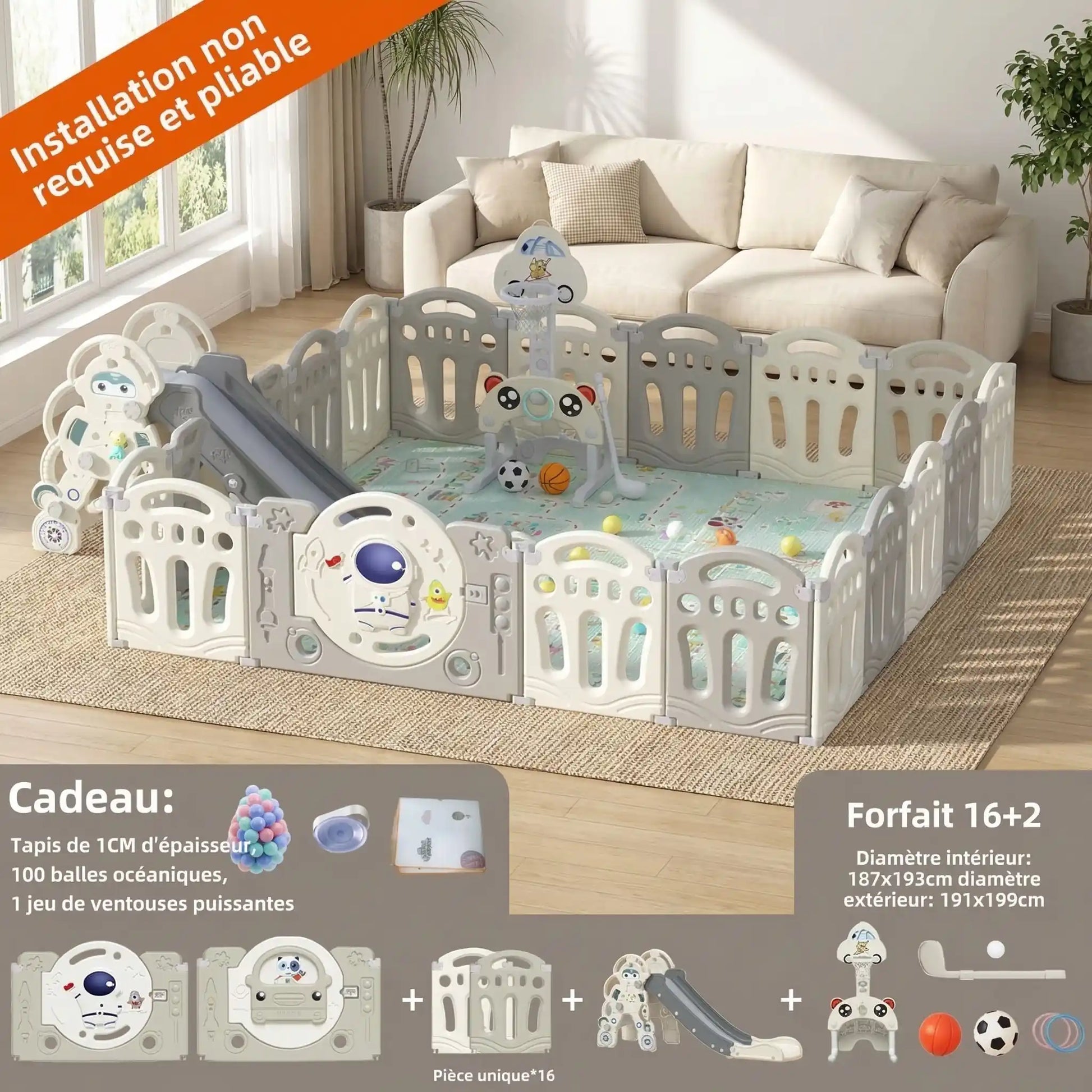 Parc pliable bebe 16 panneaux et pack d'éveil 