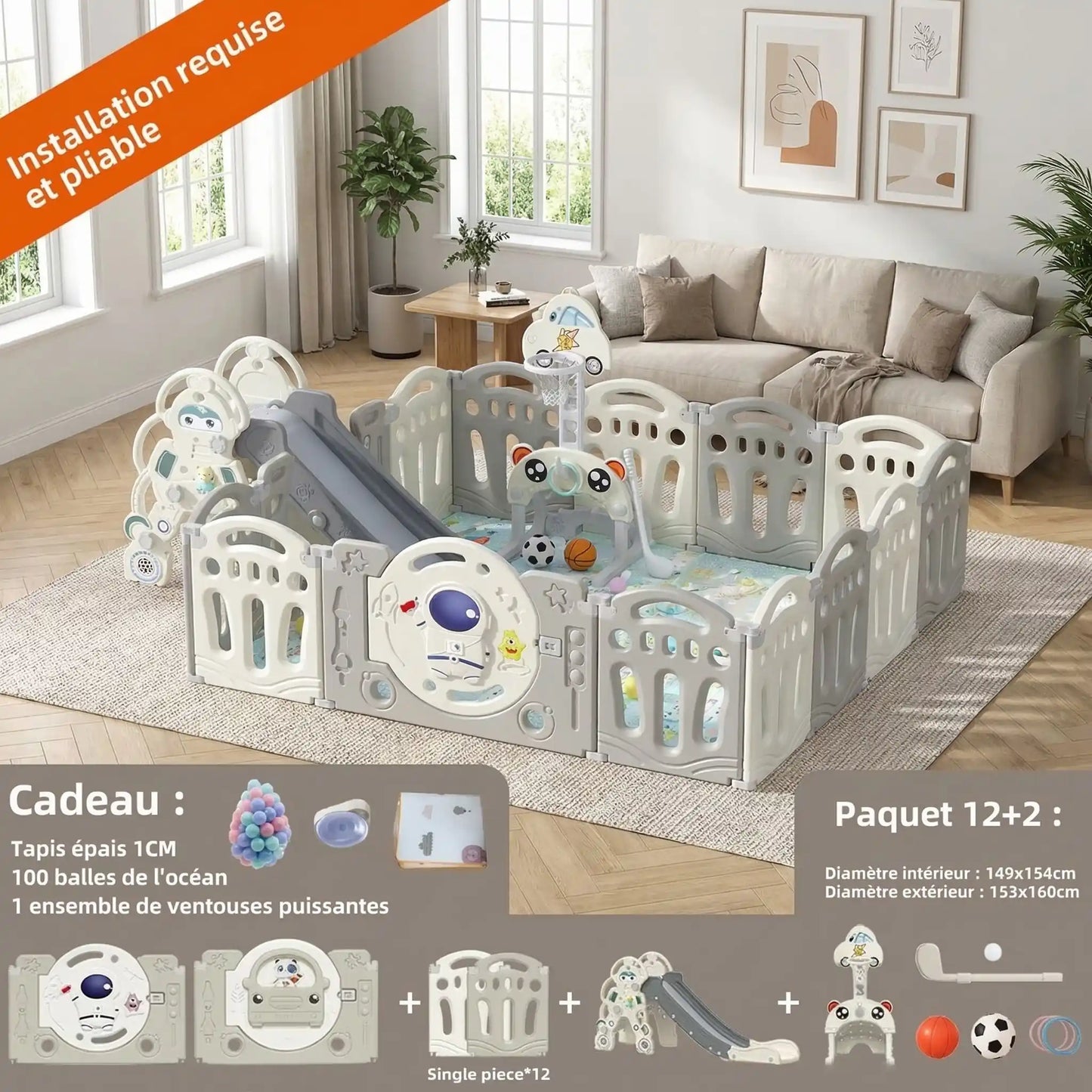 Parc pliable bebe de 12 panneaux et pack d'éveil 