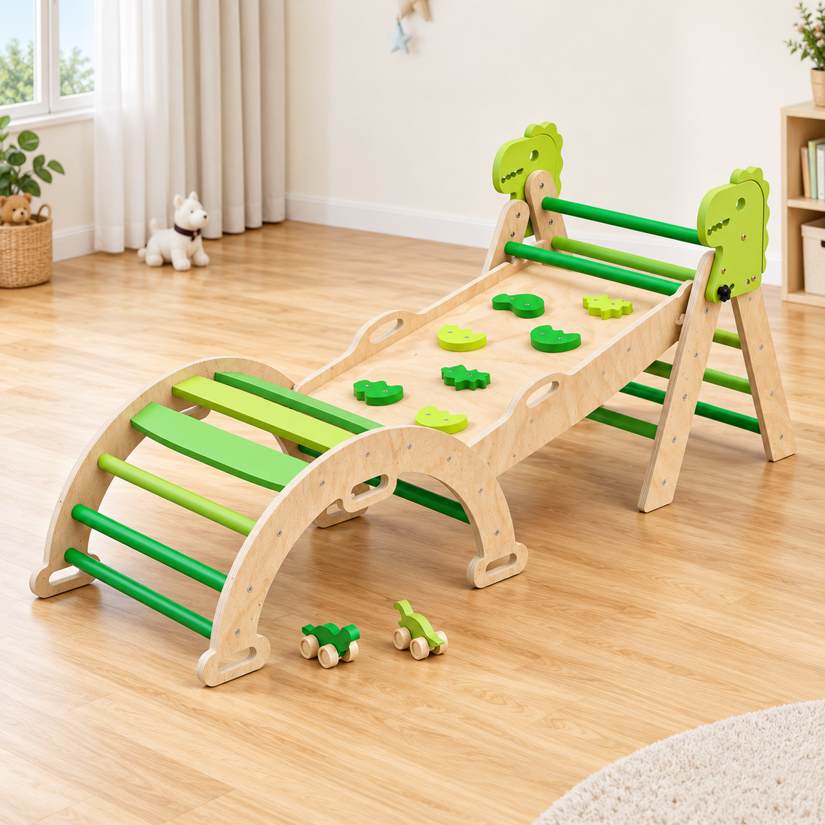 Parcours motricité bebe bois dinosaure vert