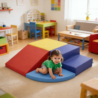 Grimper sur le premier niveau de parcours motricité bébé avec succès