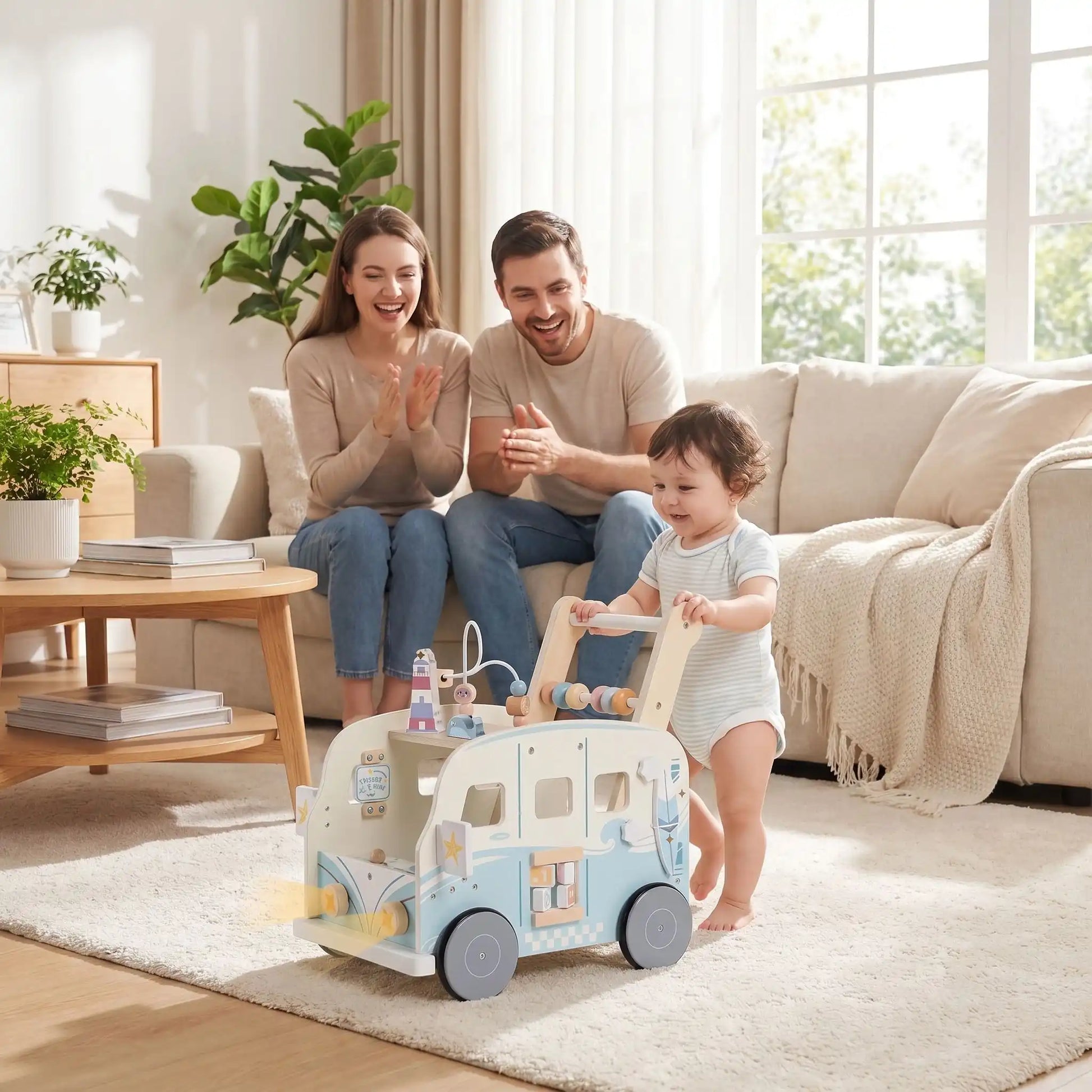 Parents dans le sofa encouragent bébé  qui pousse le chariot de marche bébé pour se déplacer