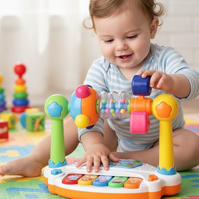 Jouet avec les touches du Piano bebe et faire tourner la toupie de perles en même temps.