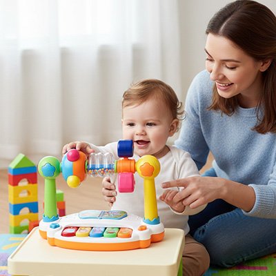 Piano bebe aide maman a travailler sur l'éveil avec joie 