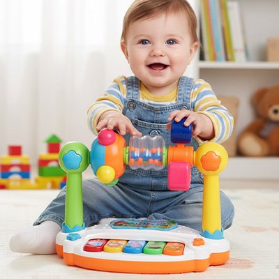 Faire rouler la toupie plein de perles du piano bebe avec les petits doigts fragiles 