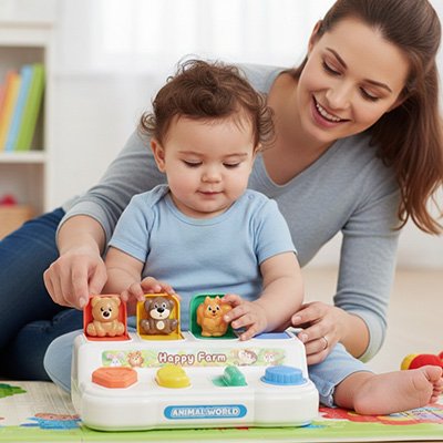 Maman aide le bout de chou dans la découverte des merveilles sous le Piano bebe 