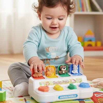 Bébé découvre le mécanisme pop up du piano bebe lorsqu'il appuie sur le bouton 