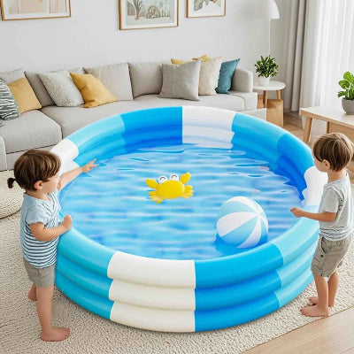 Piscine bebe assez résistante et sécuritaire pour être place sur un tapis de fourrure a l'intérieur pour le bonheur des deux bout de chou