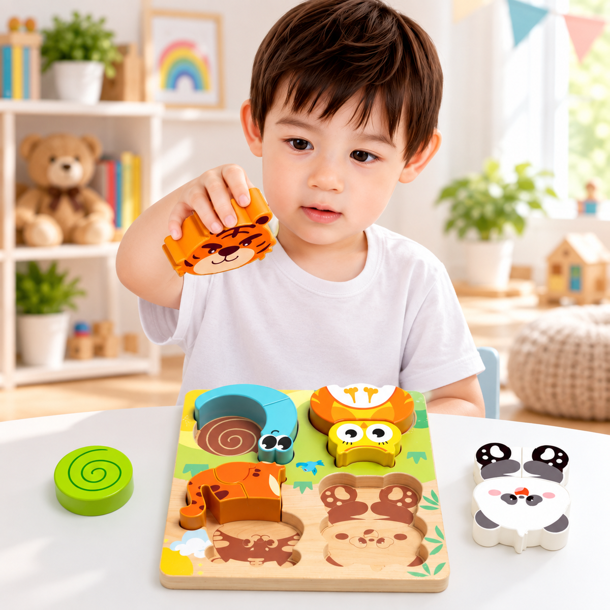 Le tout petit réfléchit sur ou et comment positionner le puzzle du jouet bebe bois