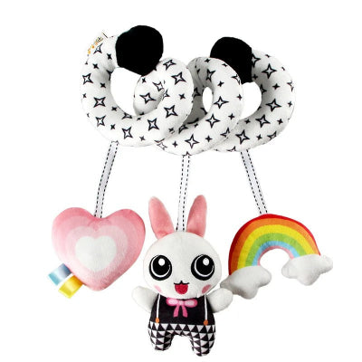 Spirae d'activité bébé avec hochets coeur, petit lapin et nuage arc-en-ciel.