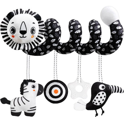 Spirae d'activité bébé lion noir/blanc  avec hochets cheval et oiseau.