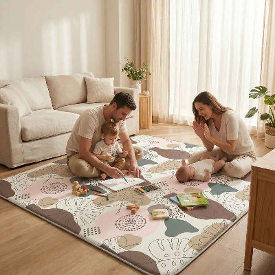 Les séance d'éveil d'une famille de quatre  sur le tapis anti chute bebe
