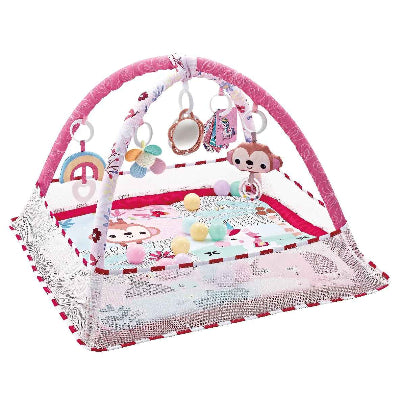 Variante rose du tapis d'éveil bébé pour petite fille avec divers jouets suspendus.
