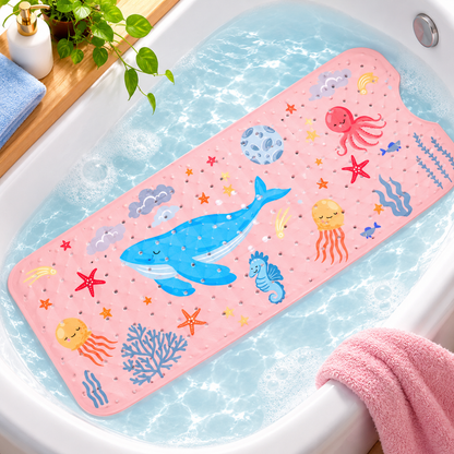 Tapis de bain bebe océan rose dans une salle de bain lumineuse