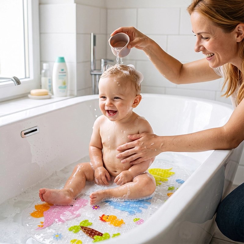 Tapis de bain pour bébé fait oublier l'eau qui coule sur la tête