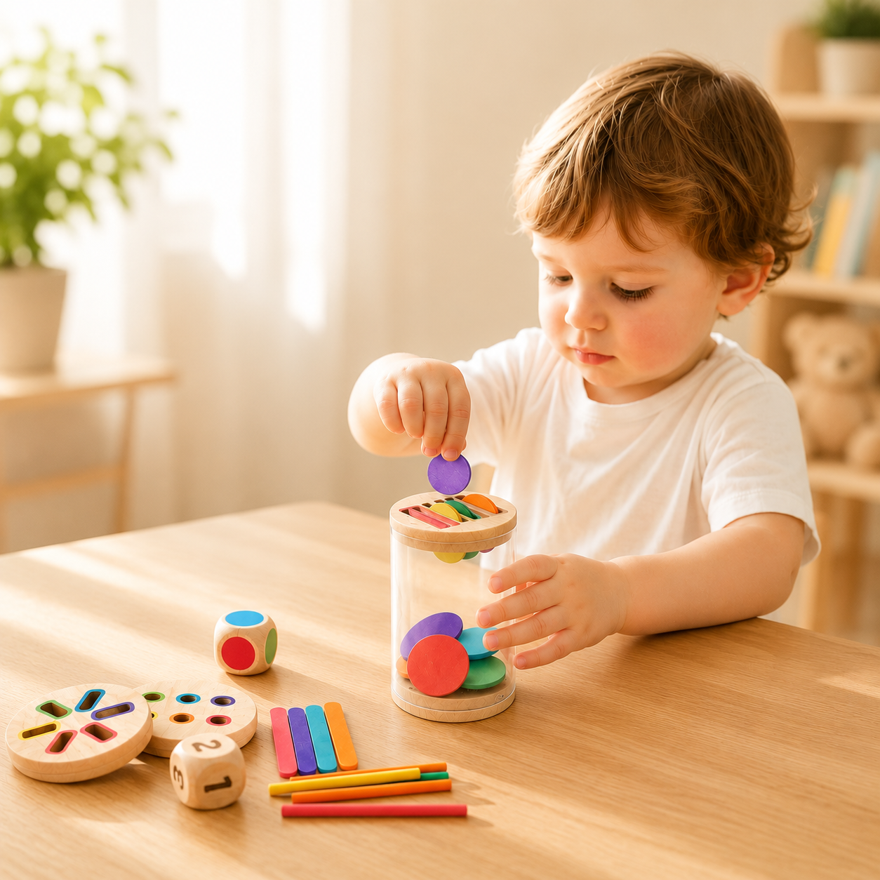 Tout-petit jouant avec des jouets en bois du cube d'activité bébé