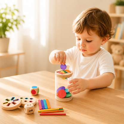 Tout-petit jouant avec des jouets en bois du cube d'activité bébé