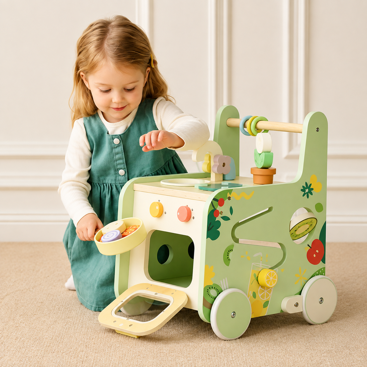 La toute petite sort sa pâtisserie du four de son chariot de marche bébé 