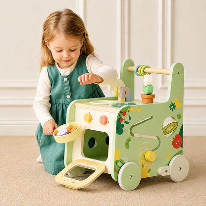 La toute petite sort sa pâtisserie du four de son chariot de marche bébé 