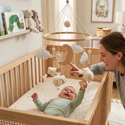 Un moment joyeux bébé-maman autours des formes du mobile bebe