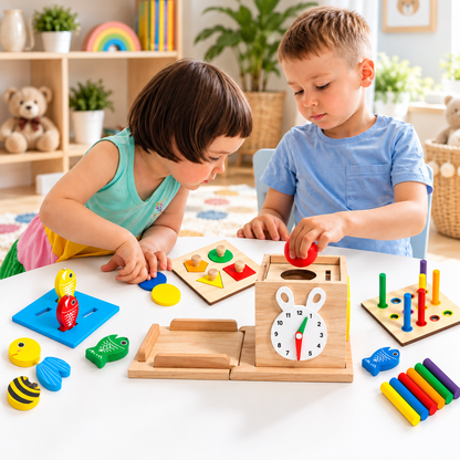 Une complicité entre frère et soeur autour du cube motricité bébé bois